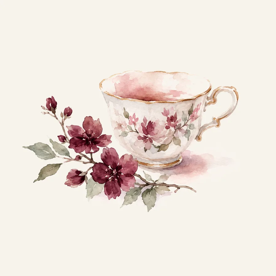 Watercolour vignette of a porcelain teacup beside a sprig of wine-coloured blossoms