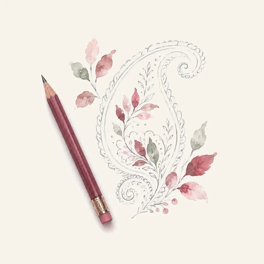 Watercolour vignette of a pencil and a loose paisley motif sketch with painted leaves