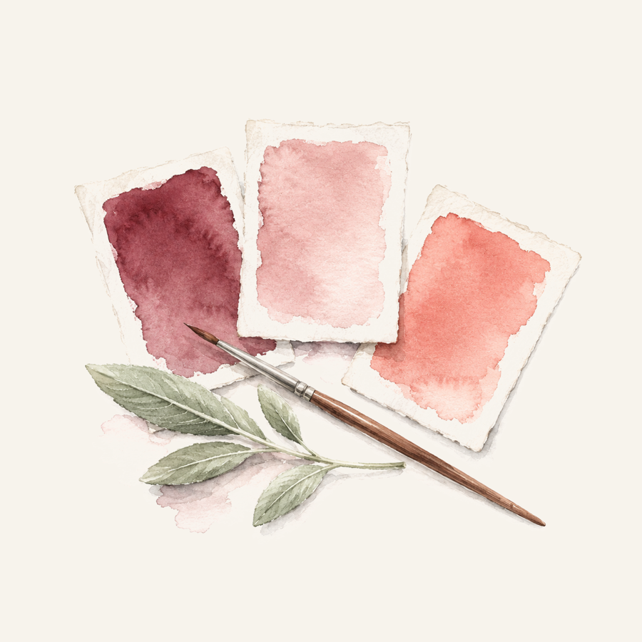 Watercolour vignette of colour swatch chips with a fine paintbrush and a sage leaf