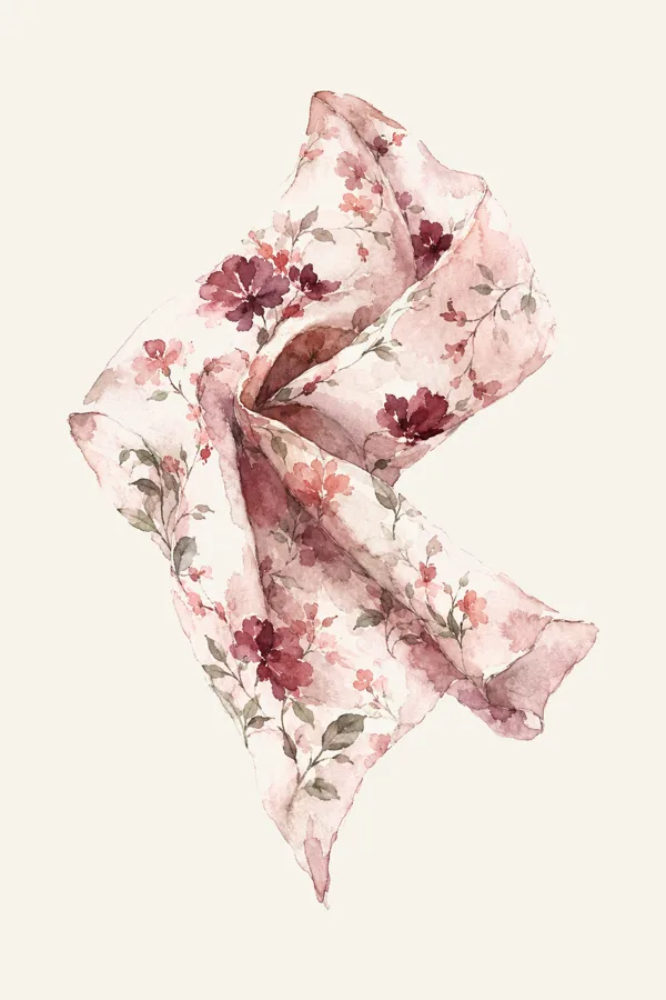 Watercolour vignette of a length of flowing fabric with a delicate wine floral print