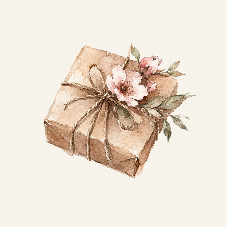 Watercolour vignette of a kraft parcel tied with twine and a blush blossom tucked in