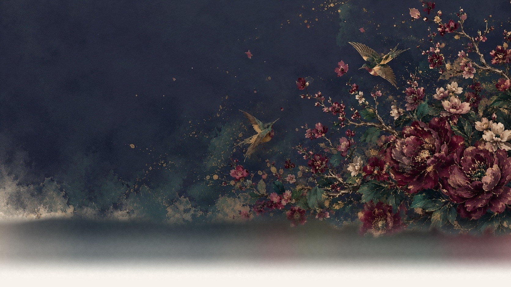 A boundless-garden floral and bird pattern in deep, warm tones