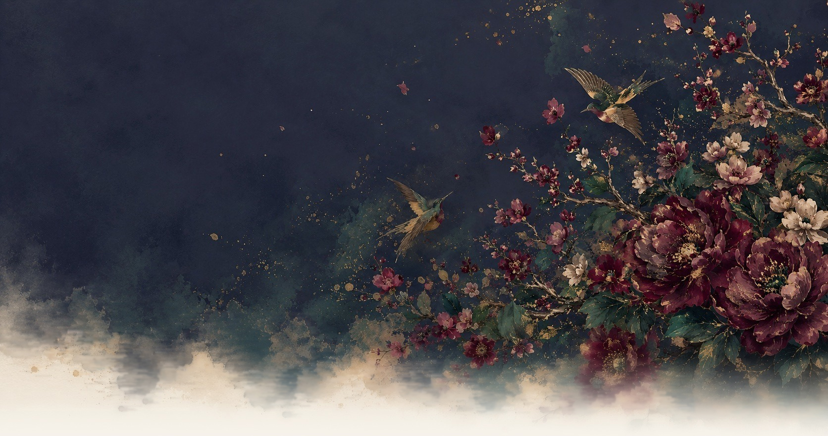 A boundless-garden floral and bird pattern in deep, warm tones