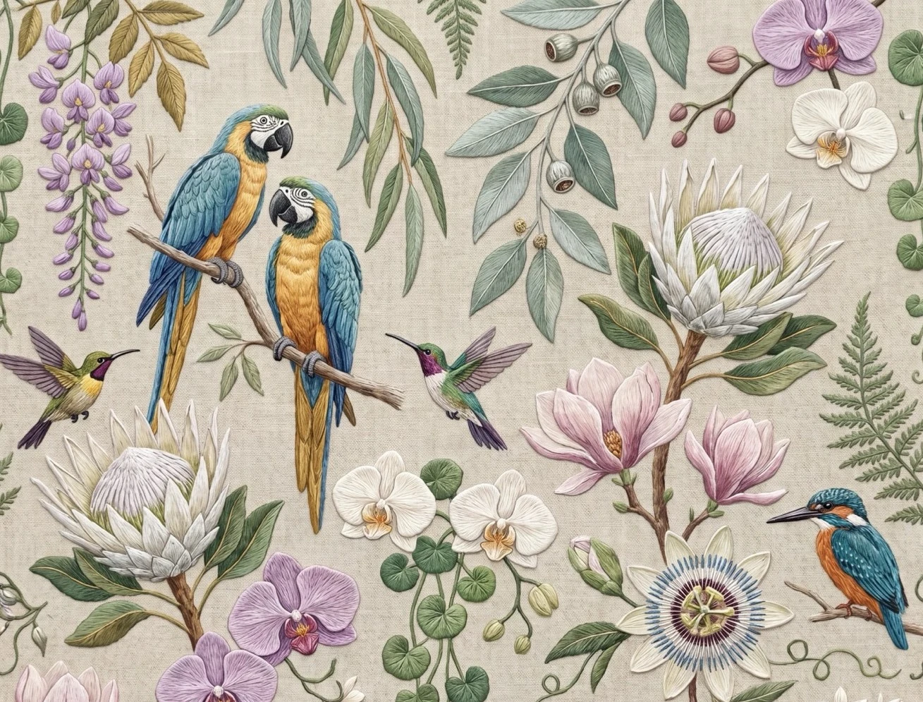 A linen-ground tropical repeat with blue-and-gold parrots, hummingbirds, orchids and protea.