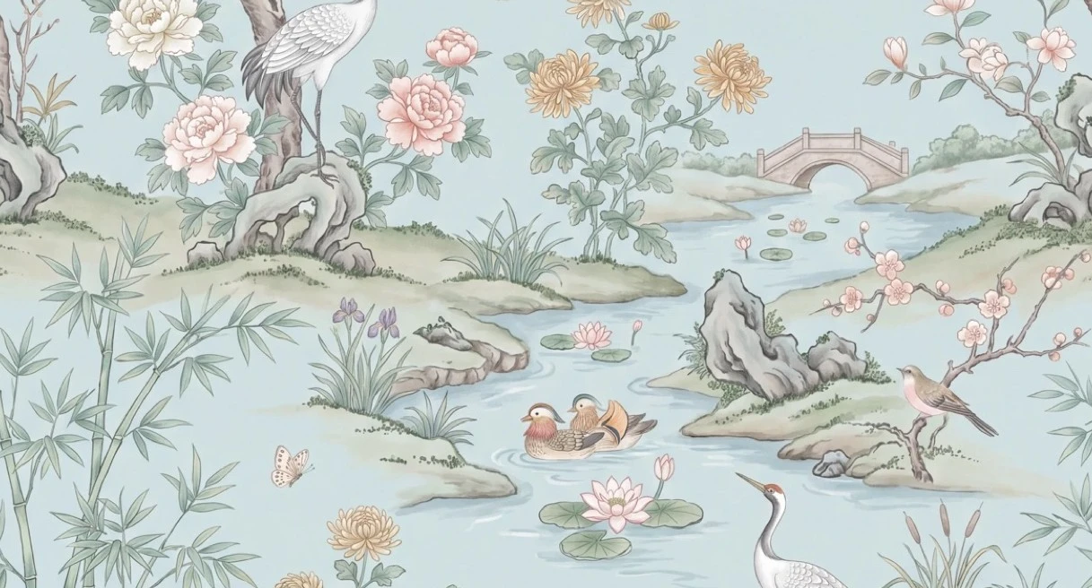 A pale blue chinoiserie garden scene with cranes, a stone bridge and blossoming trees.