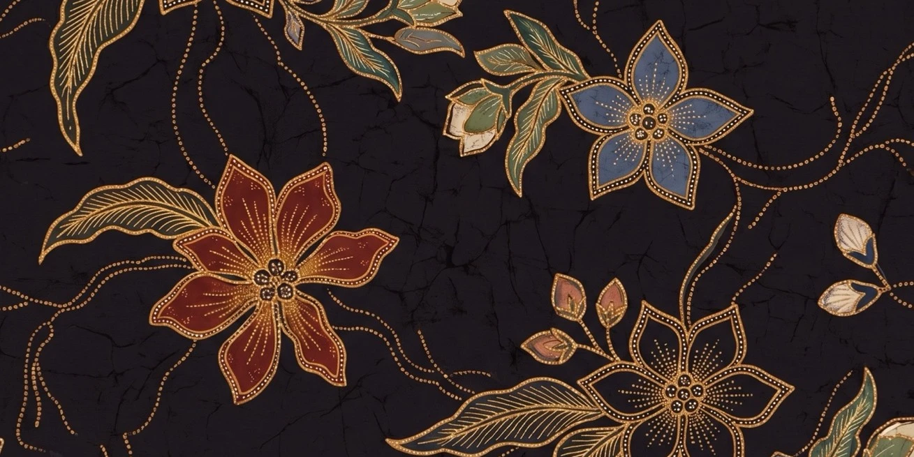 A near-black repeat with sparse gold-outlined florals in red and blue.
