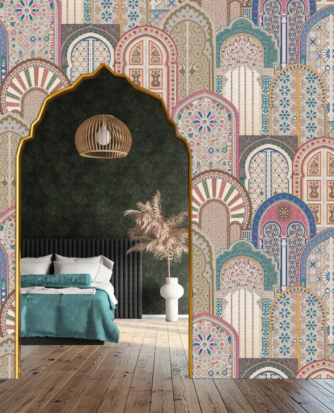 An ornate Moroccan archway wallpaper mural styled in a bedroom, with a woven pendant lamp framed inside the doorway.