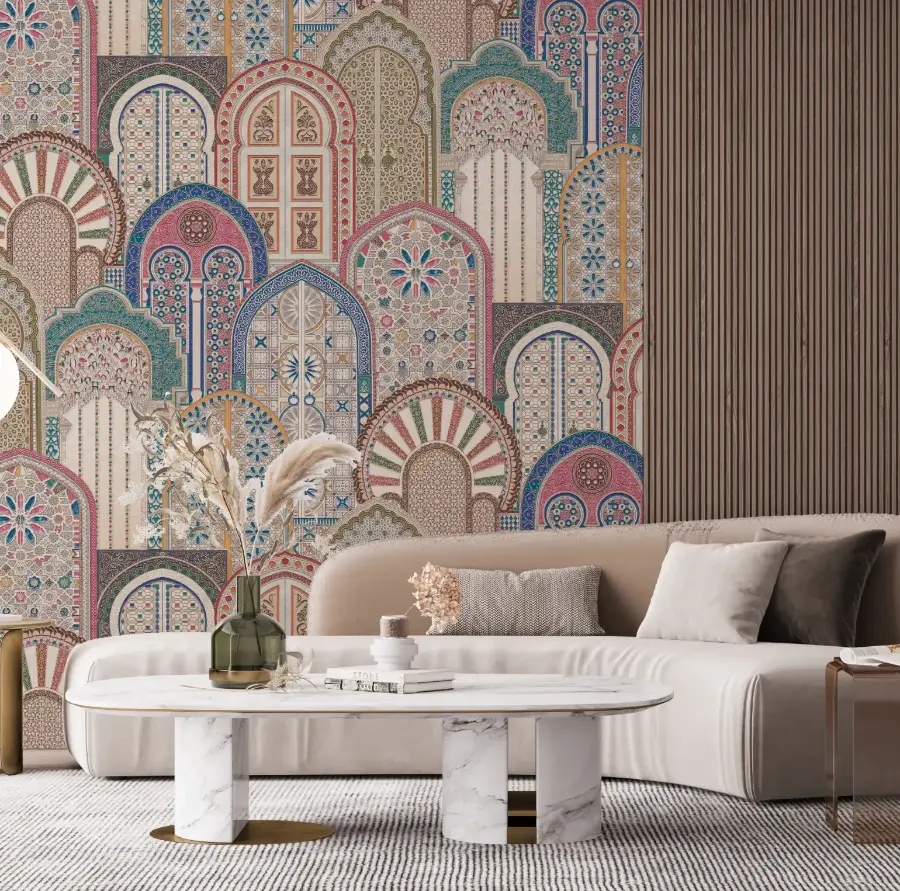 The full Gate of Blessings mural covering a living room wall behind a curved sofa and marble coffee table.