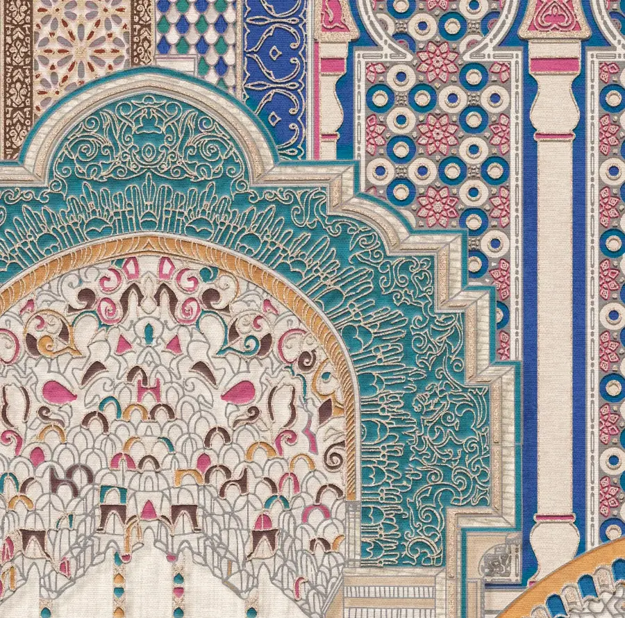 A close detail crop of the hand-illustrated arabesque tilework and colour washes in the mural.