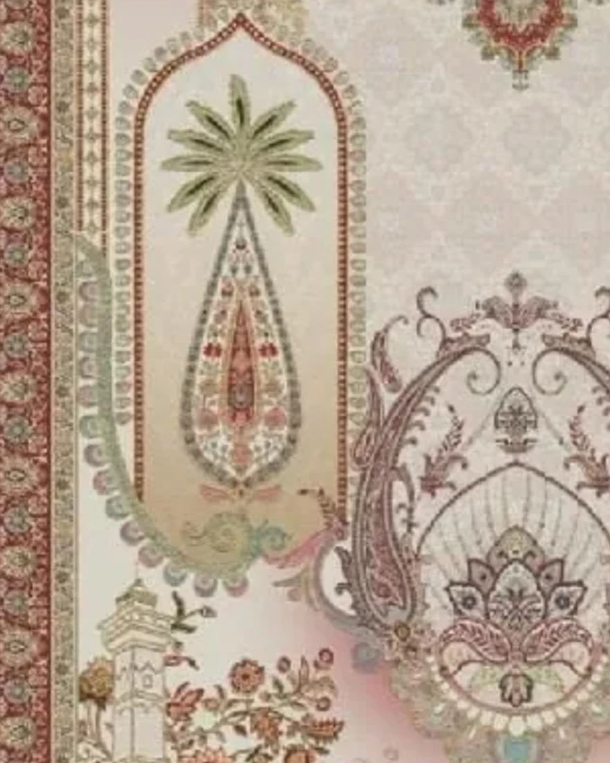 A deep red bridal skirt panel with ornate golden borders and a central floral medallion.