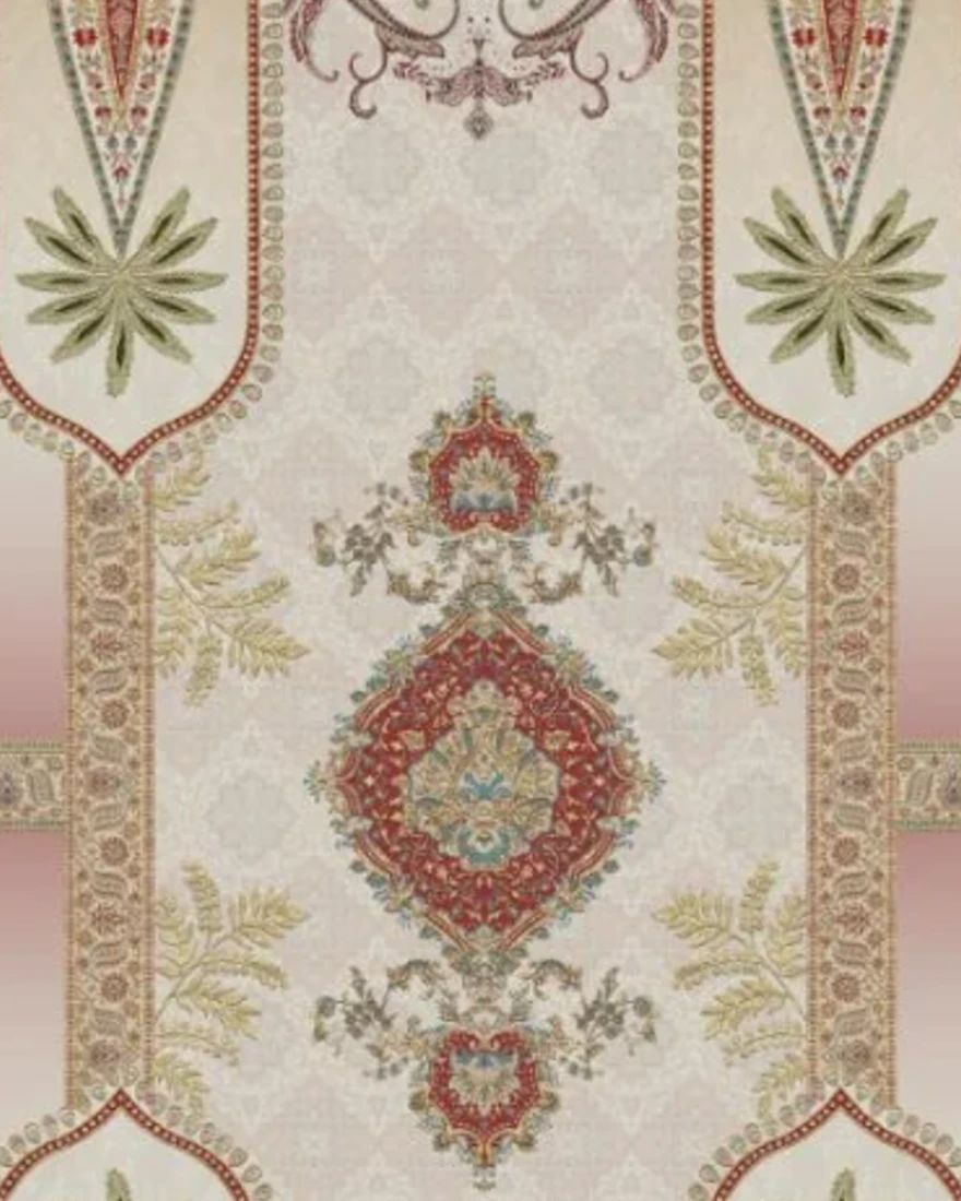 A textile panel fusing Mughal architectural motifs with flowing batik-style florals.