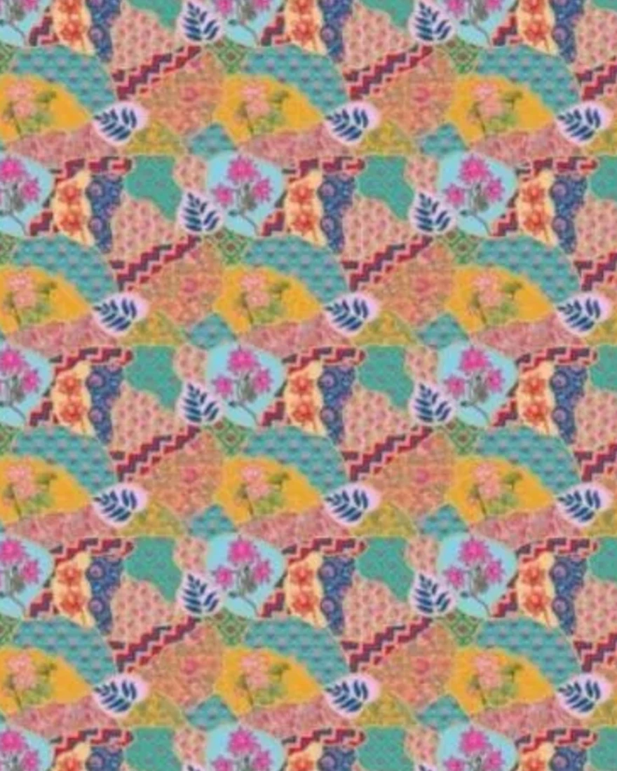A collection of fused Mughal, Batik and Persian textile designs shown as fabric samples.