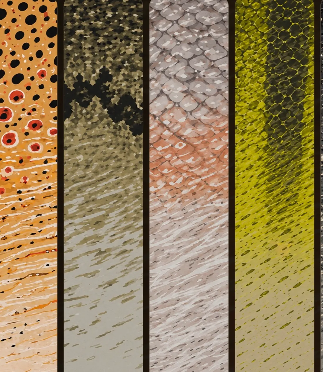 Four seamless repeat swatches from the collection shown side by side, spanning speckled trout-skin, camouflage and scale textures.