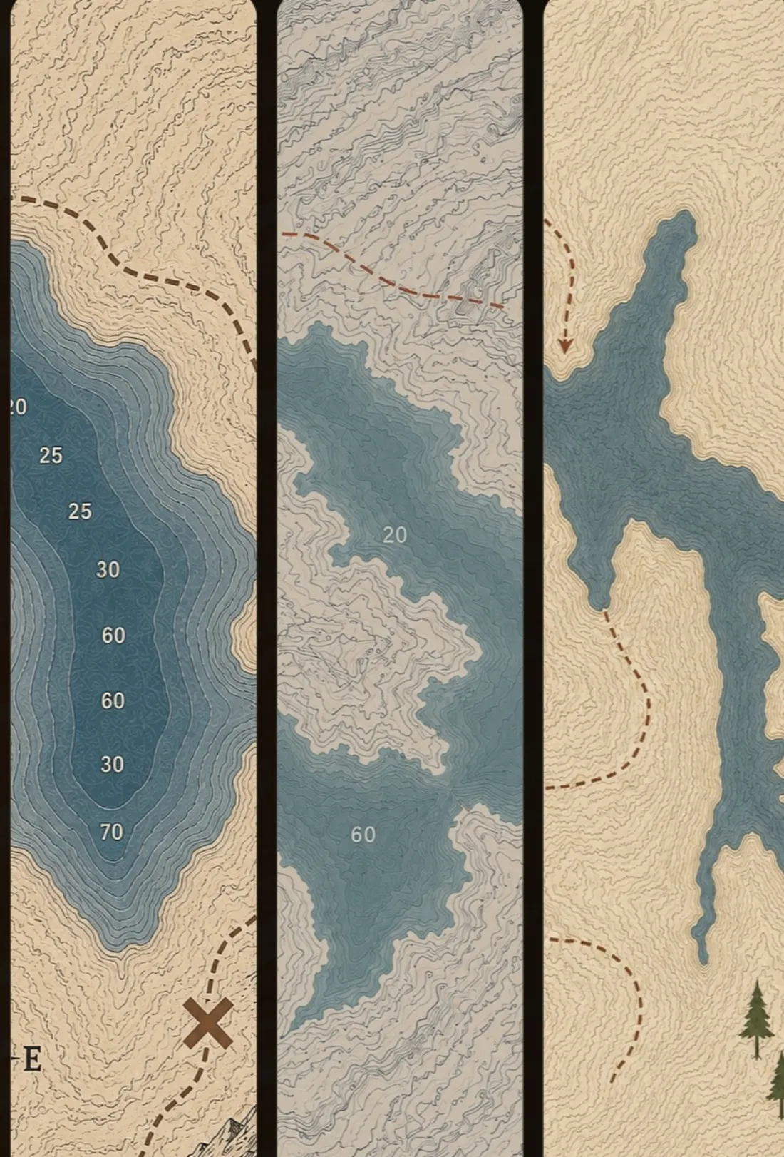 Three cool-toned water-map prints from the collection shown side by side, with lake contours and terrain markings.